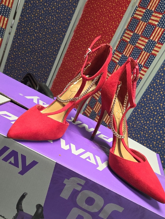Jessica Simpson Shoes - Red Suede Pointed-Toe Ankle-Strap Heels with Gold Chain